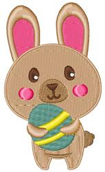 Cartoon bunny with pink ears and rosy cheeks holding a striped Easter egg, featuring pastel colors for a festive look.