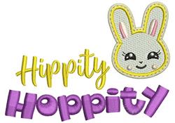 Cartoon bunny face for Easter with big eyes and a white outline, featuring 'Hippity' in gold-yellow and 'Hoppity' in purple.