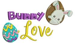Cheerful bunny applique peeking from a chocolate egg with colorful 'Bunny Love' text, perfect for Easter.