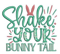 Cheerful text saying 'Shake Your Bunny Tail' in green with playful red bunny ears for Easter.