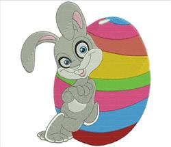 Colorful cartoon rabbit leaning against a vibrant striped Easter egg, perfect for a festive holiday decoration.