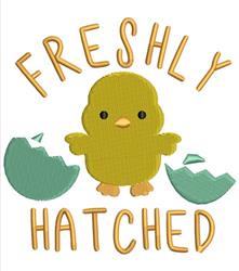 Playful yellow chick with broken eggshells and 'FRESHLY HATCHED' text, perfect for Easter celebrations.