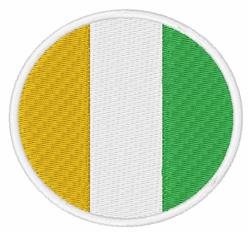 Applique circular patch featuring bold vertical stripes in yellow, white, and green, creating a vibrant contrast.