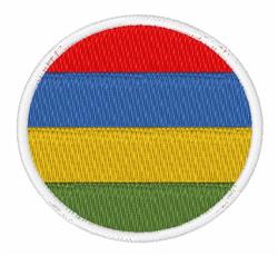 Circular patch design featuring bold stripes in red, blue, yellow, and green, with a chic white border.