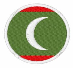 Crescent moon patch with a bold green background, centered white crescent, and red stripes above and below.