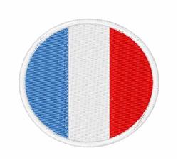 French flag patch in a simple design with vibrant blue, white, and red stripes on a plain background.