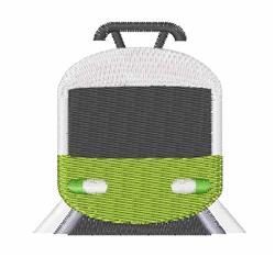 Playful cartoon train head in green and gray with a friendly face and bright white lights, ideal for kids.