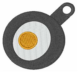 Playful frying pan with a bright yellow sunny-side-up egg, black with a silver handle, in a whimsical style.
