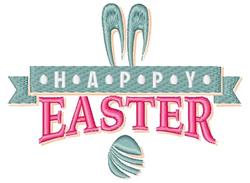 Text 'HAPPY EASTER' in pink and blue, with whimsical bunny ears and a colorful Easter egg below, festive theme.