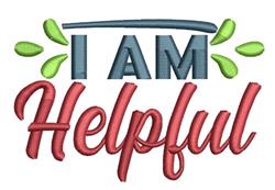 Text saying 'I AM Helpful' in blue and red with playful fonts, accented by cheerful green designs.