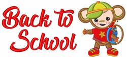 Cheerful cartoon monkey with a hat and backpack, highlighted by bold red lettering, perfect for Back to School.