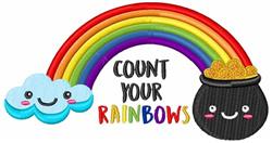 Playful rainbow with a cheerful cloud and smiling pot of gold, featuring 'COUNT YOUR RAINBOWS' in vibrant colors.