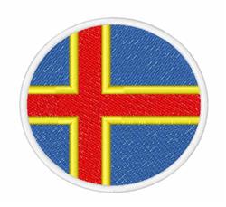 Round patch featuring a bold flag design with a red cross on blue, bordered by yellow lines. Ideal for sporty clothing.