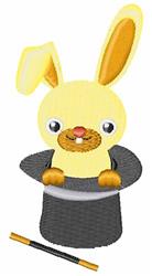 Cartoon yellow rabbit peeks from a black top hat with a friendly smile, perfect for Easter celebrations.
