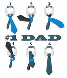 #1 DAD text with blue and black ties around white collars, featuring playful step-by-step tying instructions for Father's Day