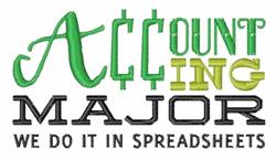 Playful wording design featuring 'ACCOUNTing MAJOR' in green and black threads, with dollar signs and a humorous subtext.