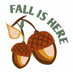 Whimsical fall applique of two textured acorns and a green leaf with playful 'FALL IS HERE' text.
