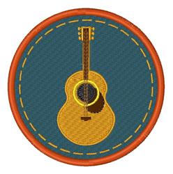 Applique acoustic guitar in shades of brown inside a circular border, vibrant orange with yellow stitch accents.