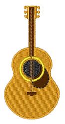 Illustrative acoustic guitar featuring natural wood texture, yellow and brown shades, round body, and glossy sound hole.