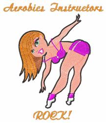 Cartoon female aerobics instructor in bright pink outfit, dynamic pose with vibrant colors, saying 'Aerobics Instructors ROCK