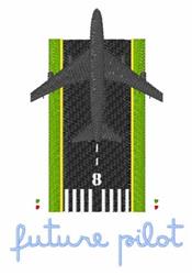 Playful airplane applique design above a colorful runway with whimsical 'future pilot' text in light blue.