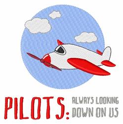 Colorful airplane soaring through a blue sky with fluffy clouds and bold text saying 'PILOTS:' in red.