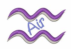 Playful wavy lines in purple frame the light blue word 'Air' in cursive, creating a vibrant design.
