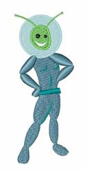Cartoon alien character with a green face and round head, vibrant blue body, playful stance, ideal for embroidery.