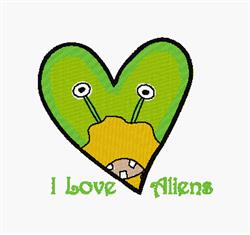 Playful alien character emerging from a green heart with 'I Love Aliens' text, whimsical cartoon style.