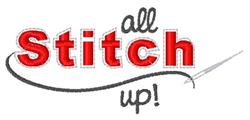 Quilting design featuring the phrase 'all Stitch up!' in bold red typography with a curved line resembling needle and thread.