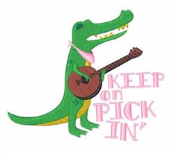 Playful alligator with a pink bandana holding a guitar, colorful text reads 'KEEP ON PICK IN'. Perfect for casual embroidery.
