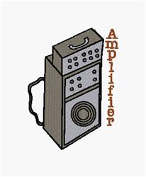 Sleek amplifier with a rectangular body, circular speaker, and detailed control panel. Modern design.