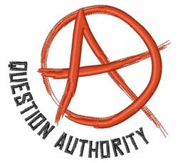 Bold anarchy symbol in red with textured finish, featuring 'QUESTION AUTHORITY' in black beneath. Edgy and graphic design.