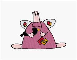 Whimsical cartoon angel in a pink dress with colorful patches and small wings, holding a black bird.