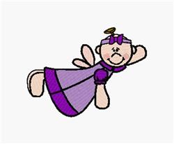 Whimsical angel character with light skin, purple dress, wings, and halo, perfect for charming machine embroidery.
