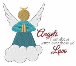 Applique angel with a golden halo and teal robe praying above a fluffy cloud, featuring a heartfelt sentiment.