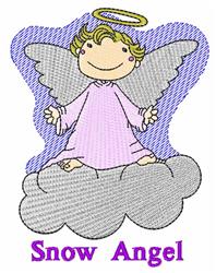Cute angel with a golden halo stands on a fluffy cloud, surrounded by soft snow in a whimsical winter theme.