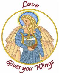 Whimsical angel with golden hair and large wings holds a harp, with elegant text 'Love Gives you Wings'.