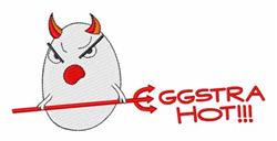 Playful angry egg character with devil horns and a red pitchfork, featuring bold red 'EGGstra HOT!!!' text.