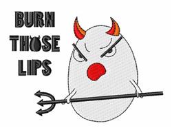 Cartoonish angry egg character with red devil horns and trident, features bold 'BURN THOSE LIPS' text.