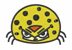 Cartoon spider with a yellow body and black spots, showcasing an angry expression in a playful style.