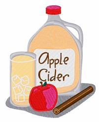 Colorful apple cider jug with orange hue, clear glass of cider, red apple, and cinnamon stick, evoking cozy fall vibes.