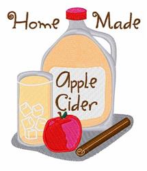 Colorful apple cider jug with a glass of icy cider, a red apple, and a cinnamon stick, perfect for autumn.