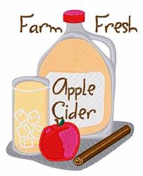 Jug of apple cider with a glass of ice, a red apple, and cinnamon stick, all in a colorful autumnal theme.