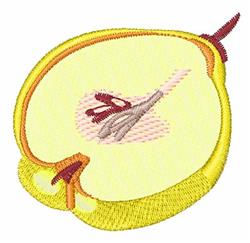 Colorful applique apple half featuring yellow flesh, red seeds, and a green stem, perfect for autumn decor.