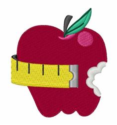 Playful red apple with a bite and white interior, wrapped in yellow measuring tape, features a green leaf, ideal for educatio
