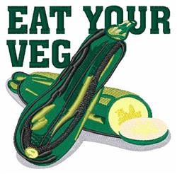 Colorful zucchini slice with vibrant green skin and bright yellow interior, adorned with 'EAT YOUR VEG' text.