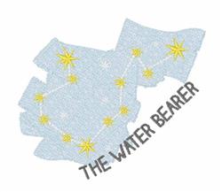 Aquarius constellation design with a light blue shape, dotted yellow stars, and bold 'THE WATER BEARER' text.