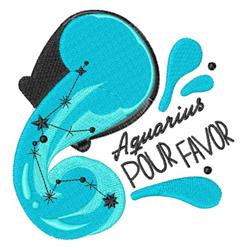 Playful water wave featuring Aquarius symbol, blue splashes, and 'Aquarius POUR FAVOR' text in a modern design.