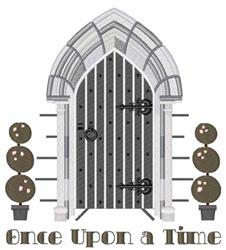 Whimsical arched door with stone-like texture, flanked by round topiary plants and playful 'Once Upon a Time' text.